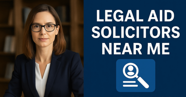 Illustration of a lawyer interacting with the digital interface of a client search app, next to scales of justice, a growth chart and a judge's gavel.