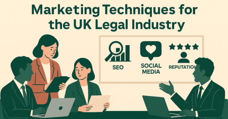Legal marketing strategy concept showing a UK law firm team planning digital campaigns, including SEO, social media, and reputation management.